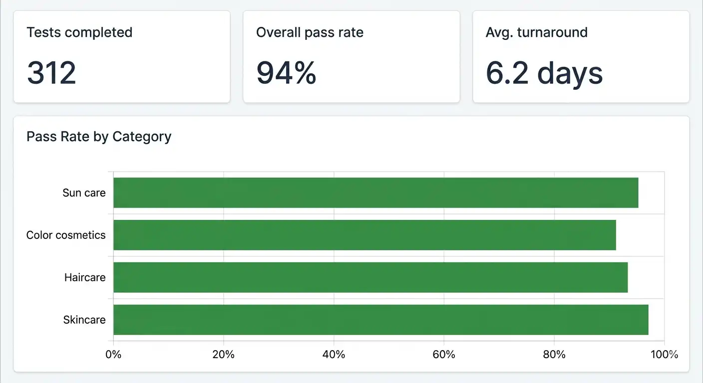 Personal care testing software dashboard displaying preservative efficacy and microbial pass rates across skincare, haircare, sun care, and color cosmetics categories.